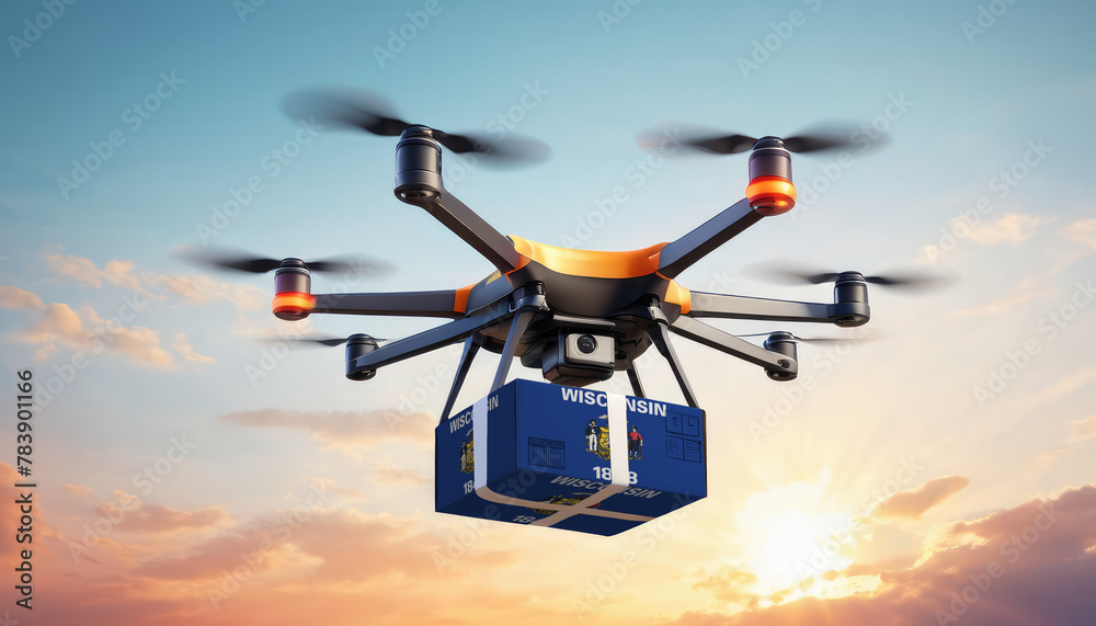A drone delivers a box with a Wisconsin flag. The concept of delivering goods, food from stores to the client’s home in the Wisconsin. A drone delivers a box with a Wisconsin flag. The concept of delivering goods, food from stores to the client’s home in the Wisconsin.