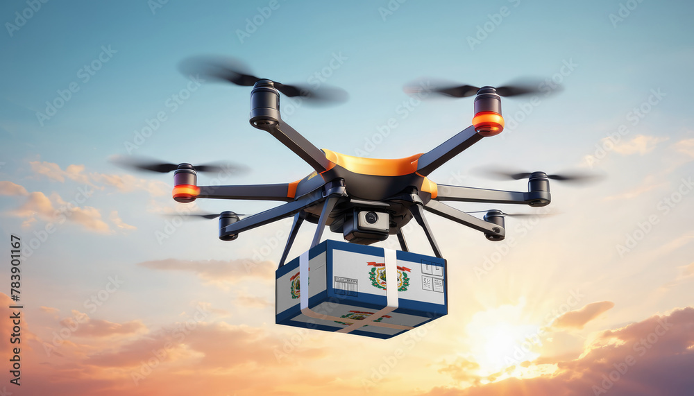 A drone delivers a box with a West Virginia flag. The concept of delivering goods, food from stores to the client’s home in the West Virginia. A drone delivers a box with a West Virginia flag. The concept of delivering goods, food from stores to the client’s home in the West Virginia.