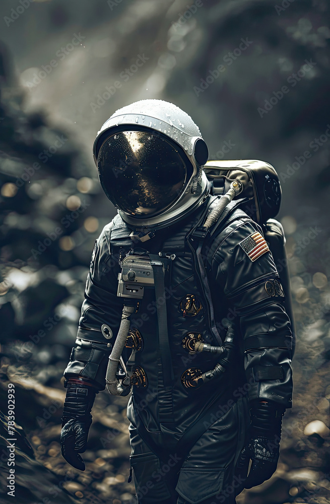 Craft an image of a black-suited astronaut in incredible clarity
