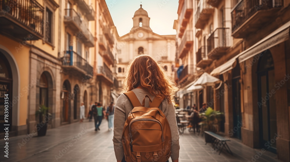 A woman walks a narrow street in old European city with a backpack