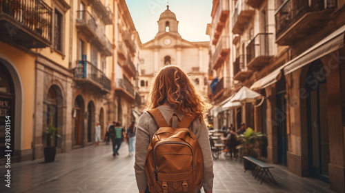 A woman walks a narrow street in old European city with a backpack photo