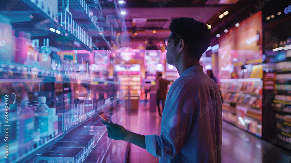 A customer navigates through a virtual storefront, browsing various categories of products.