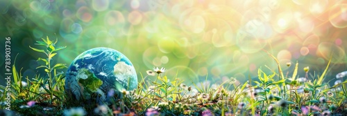 Miniature Earth on a fresh spring meadow - A charming depiction of a tiny globe settled in a lush meadow with sunlight filtering through the bokeh background