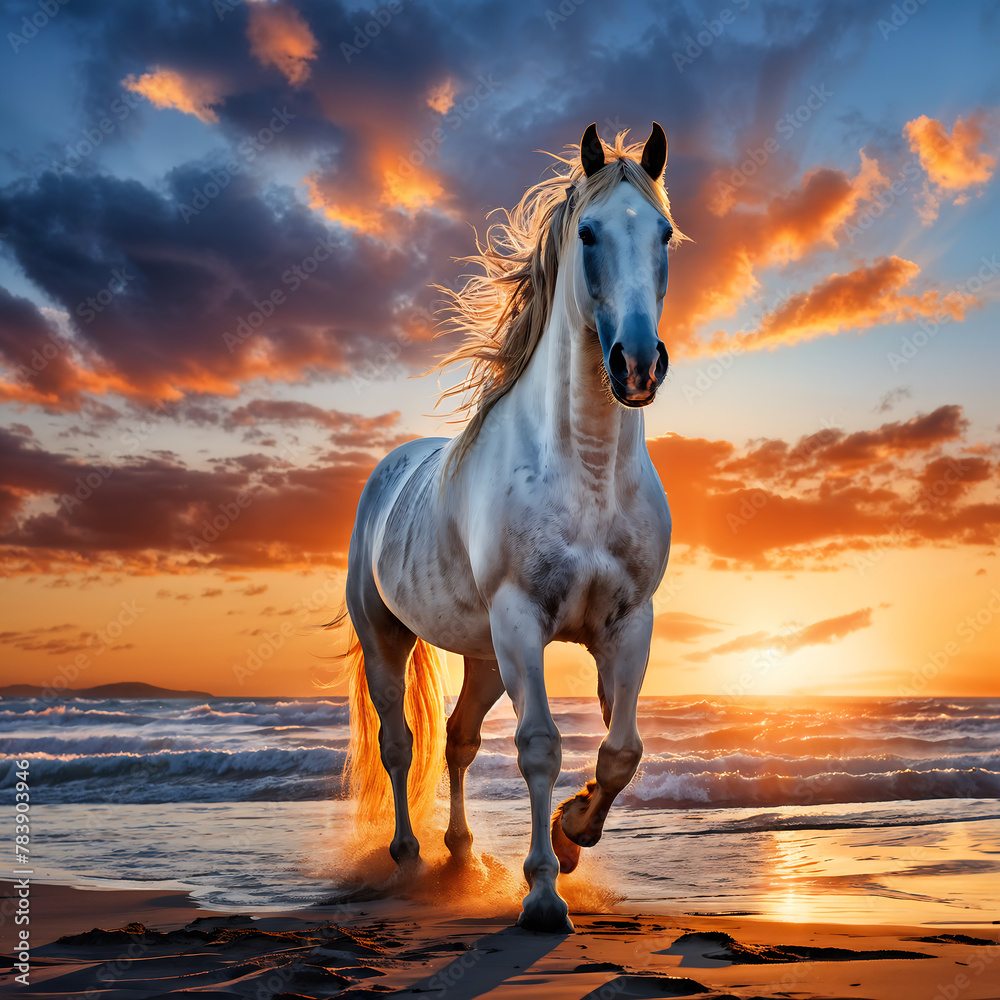 White Horse Standing on Sandy Beach under Cloudy Blue and Orange Sunset Sky