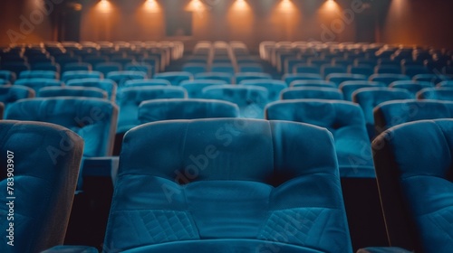 Empty movie theater with blue seats