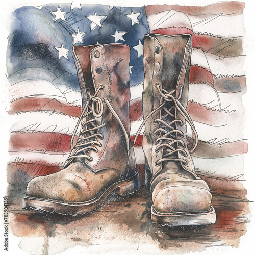 Vintage Combat Boots and American Flag, Patriotic Military Watercolor Art