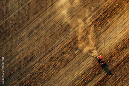 Aerial view of soybean farmer working in the field. photo