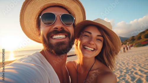 Outdoor self portrait of young traveling couple in love , best friends , having fun on amazing tropical beach. Attractive wonder girl with stylish hipster boyfriend enjoying holidays.