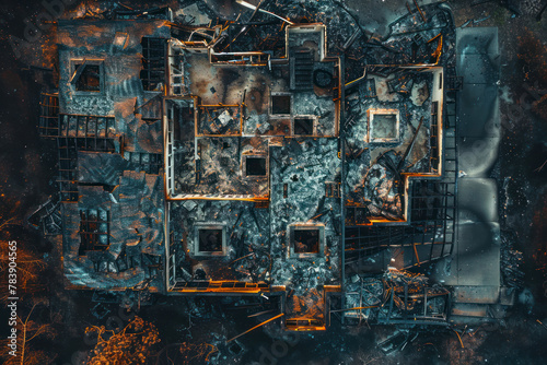 Burnt home from brushfires. Top view.