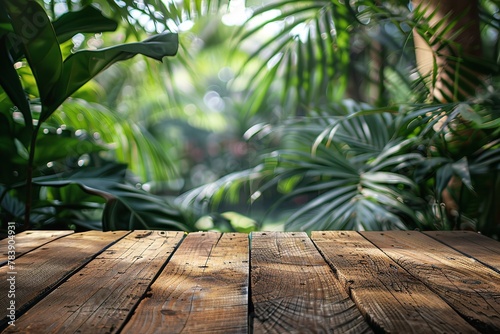 Plank table made of wood with tropical plants and leaves. Generative Ai