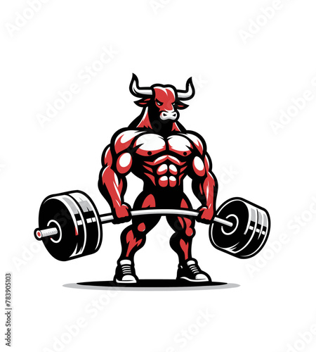 Shredded bull bodybuilder flexing muscles sports logo mascot. Powerlifter