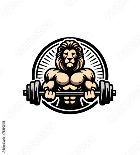 Shredded lion bodybuilder flexing muscles sports logo mascot. Powerlifter