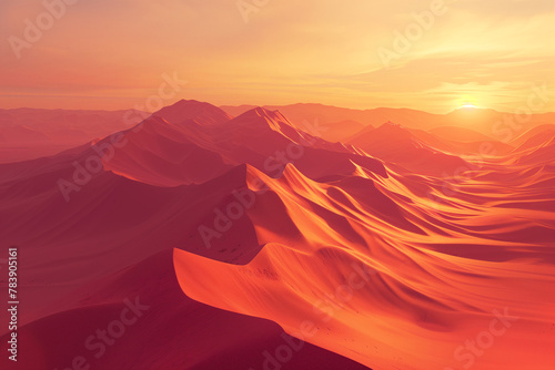 Abstract visualization of a desert landscape with sand dunes at sunset