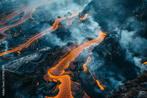 Lava Flows on active volcano aerial view. Top view.