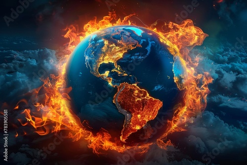 Earth engulfed in flames, continents outlined by fire