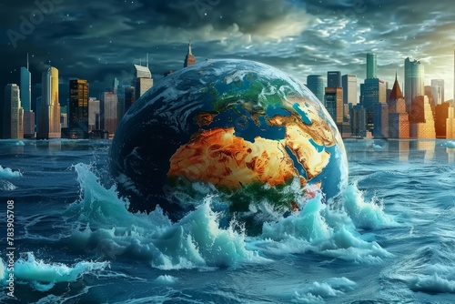 Earth with its poles melting and flooding coastal cities
