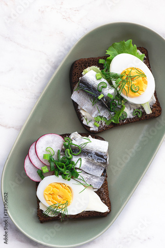 Spiced Sprat Sandwich Kiluleib or  Kiluvõileib - Estonian sandwich with spicy salted sprat, butter, boiled egg, fresh onion and herbs on a slice of national rye bread. Estonian food photo