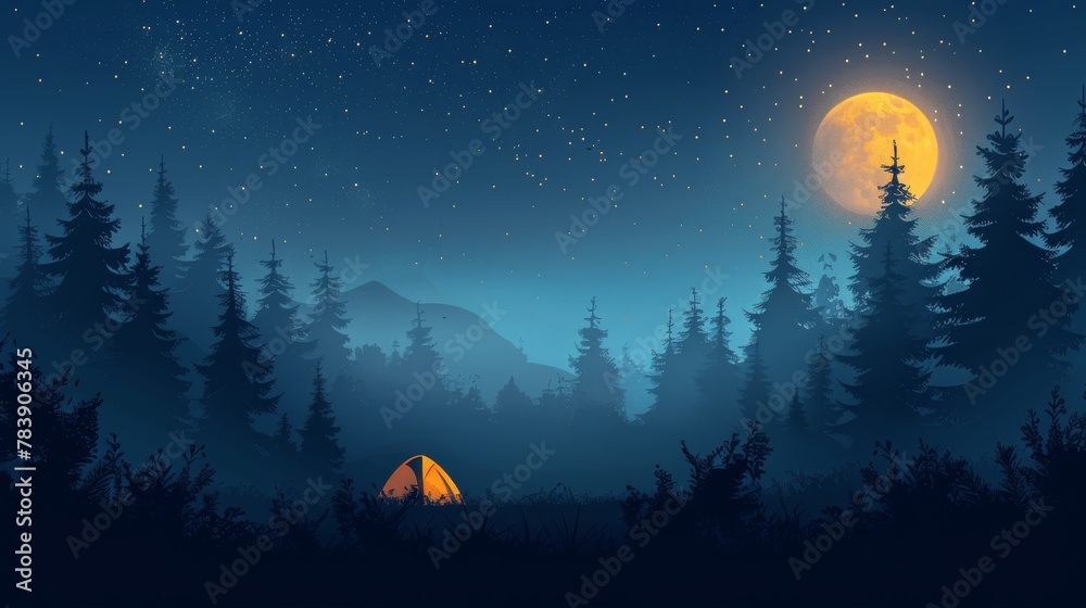 Night Scene With Tent in Woods