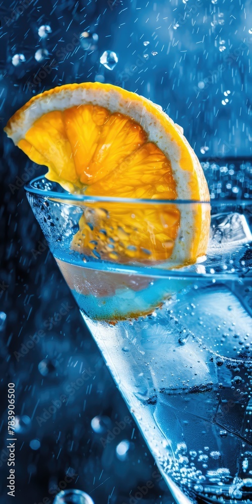 Blue Martini Cocktail with Orange Slice and Maraschino Cherry - Closeup of Cold Alcohol Drink with Citrus Colors - obrazy, fototapety, plakaty 