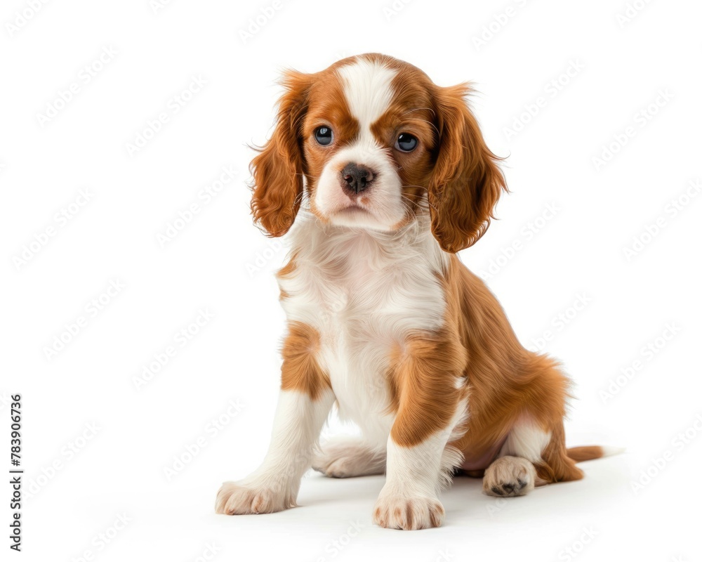 Cavalier King Charles Spaniel Puppy Sitting, Isolated on White Studio Background - Adorable Dog and Pet Animal