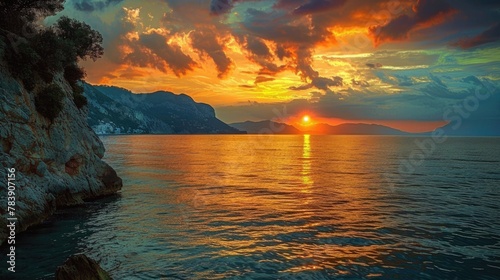 Sunset over Sea and Mountain Cliffs - A Breathtaking View of Beach, Water, Sky, and Sun in Greece