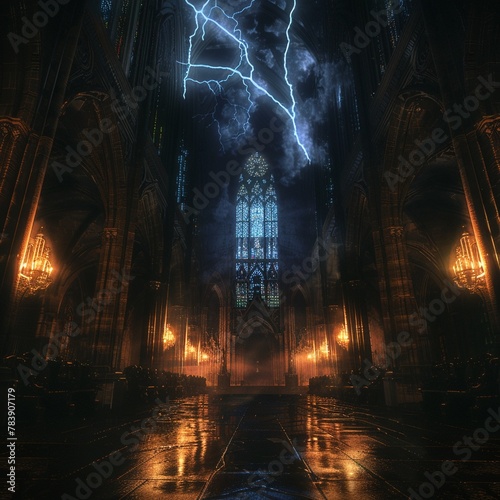 Gothic church at night, lightning illuminating stained glass windows, long dark shadows, foreboding and mysterious