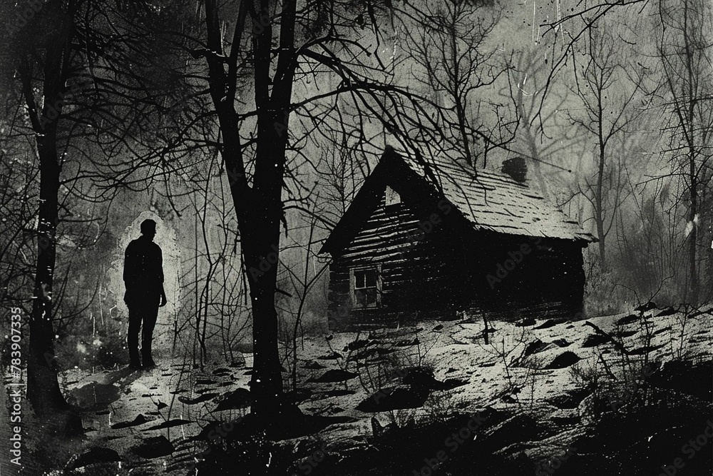 The Watcher in the Woods, Deep in the woods stands a lone, weathered cabin watched over by a solitary figure that never seems to blink or move - obrazy, fototapety, plakaty 