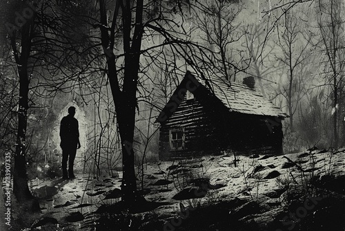 The Watcher in the Woods, Deep in the woods stands a lone, weathered cabin watched over by a solitary figure that never seems to blink or move