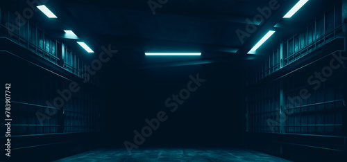 Fototapeta Naklejka Na Ścianę i Meble -  Dark Concrete Led Lights Underground Tunnel Corridor Cement Asphalt Hallway Warehouse Tunnel Corridor Metal Structure Realistic Empty 3D Rendering
