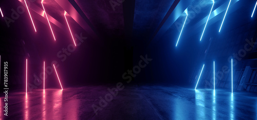 Neon Warehouse Sci Fi Futuristic Laser Purple Blue Glowing Vibrant Electric Concrete Cement Underground Showroom Tunnel Corridor Parking Grunge Asphalt 3D Rendering © IM_VISUALS