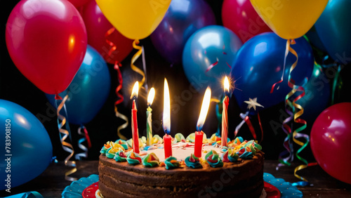 White Birthday cake with colorful Sprinkles over a blue background. 