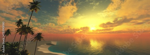 Beautiful beach with palm trees at sunset, panorama of a tropical landscape, sea sunset,
3d rendering