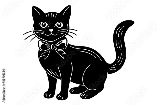 Fototapeta Naklejka Na Ścianę i Meble -   black-cat-with-a-blue-bow vector-a-white-background