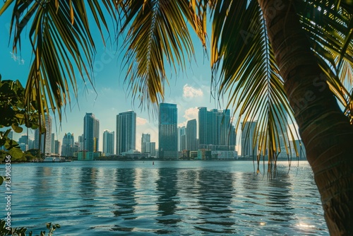 Scenic Skyline Overlooking Waterfront - Urban Cityscape of Downtown with High-rise Buildings and Palm Trees