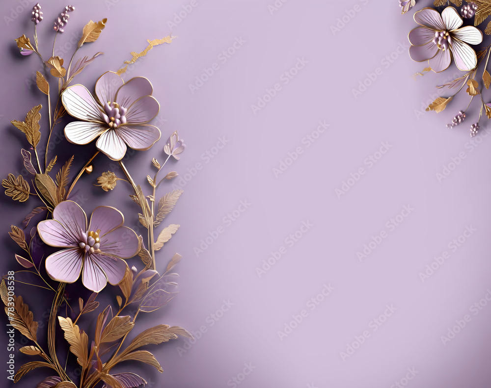 Obraz premium Bright decorative violet background with voluminous decorative flowers and elements of luxurious gold embroidery, elegant and sophisticated. Card, invitation, banner, poster, flyer, wallpaper. 