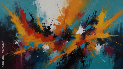 Expressive acrylic painting on canvas with gestural brushwork and bold colors. photo