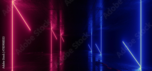 Fototapeta Naklejka Na Ścianę i Meble -  Neon Glowing Sci Fi Blue Red Lights Laser Beams Cement Grunge Concrete Underground Futuristic Warehouse Stage Club Empty Dark Cables Alien Spaceship Hallway 3D Rendering