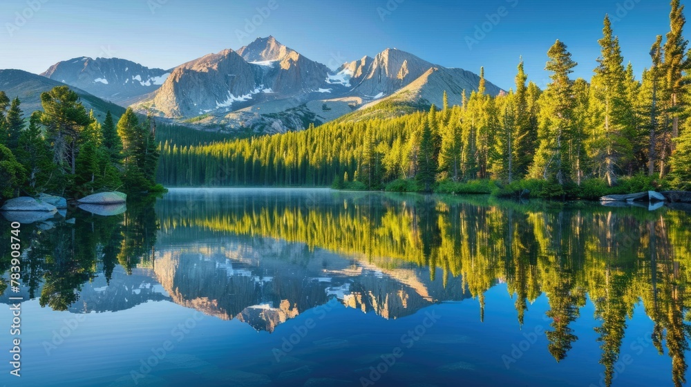 Summer Morning at Bear Lake: Reflecting Longs Peak and Glacier Gorge in the Blue Waters. Panoramic View of Rocky Mountain National Park