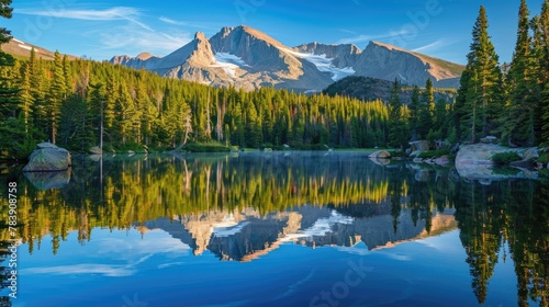 Summer Morning Panorama of Longs Peak Ridge Reflecting on Bear Lake in Rocky Mountain National Park