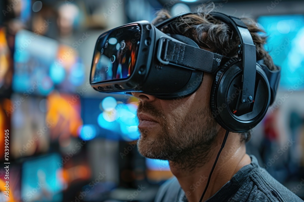 A man immersed in virtual reality with a headset on A man immersed in virtual reality with a headset on