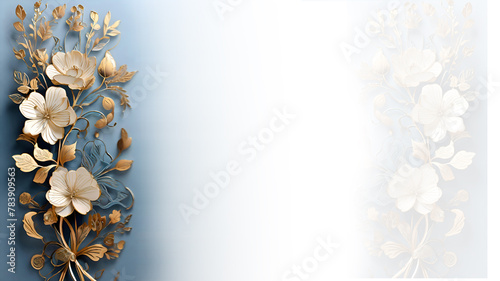 Bright decorative light blue background with voluminous decorative white flowers, elements of luxurious gold embroidery, elegant and sophisticated. Card, invitation, banner, poster, flyer, wallpaper.
