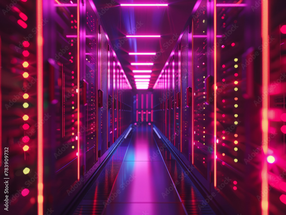 Minimalistic view inside a server room, focusing on a single server rack with glowing LED lights