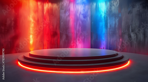 A black brutalist podium for product display is set against a colorful backdrop, drawing inspiration from the mesmerizing hues of the Aurora Borealis. © wonder