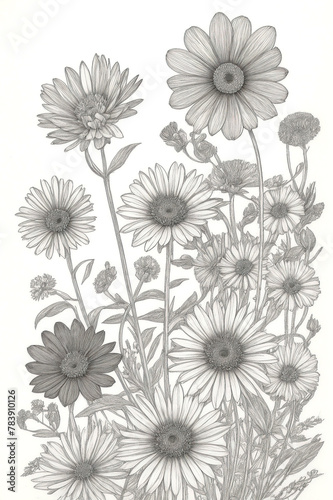 flowers in engraving style liner art design