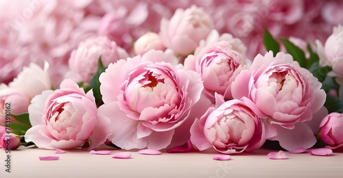 A delicate arrangement of pink roses and peonies, set against a backdrop of lush green foliage, captures the essence of natural beauty and romance. Each petal, meticulously detailed, seems to radiate 