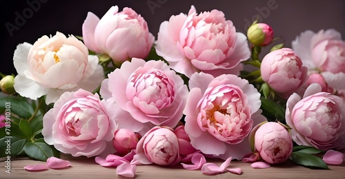 A delicate arrangement of pink roses and peonies, set against a backdrop of lush green foliage, captures the essence of natural beauty and romance. Each petal, meticulously detailed, seems to radiate 