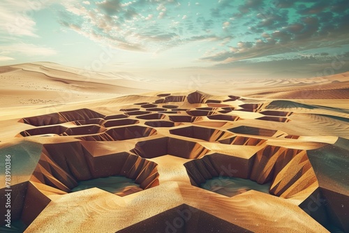 A surreal desert landscape with sand dunes shaped like hexagons