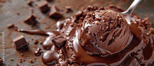 Chocolate ice cream scoop with chunks of brownie and chocolate sauce