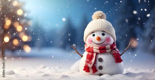 A cheerful snowman stands tall amidst a winter wonderland, adorned with a festive scarf and a jaunty hat. His smiling face reflects the joy of the holiday season, bringing warmth and happiness to all  © Ali Khan