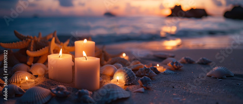 Serene Beach Sunset with Candles and Shells Romantic Ambiance